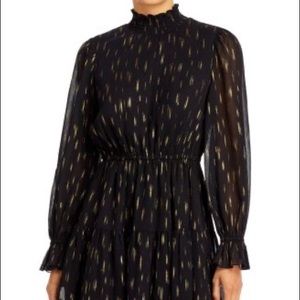 Bloomingdales AQUA Mock Neck ruffle dress black and metallic gold